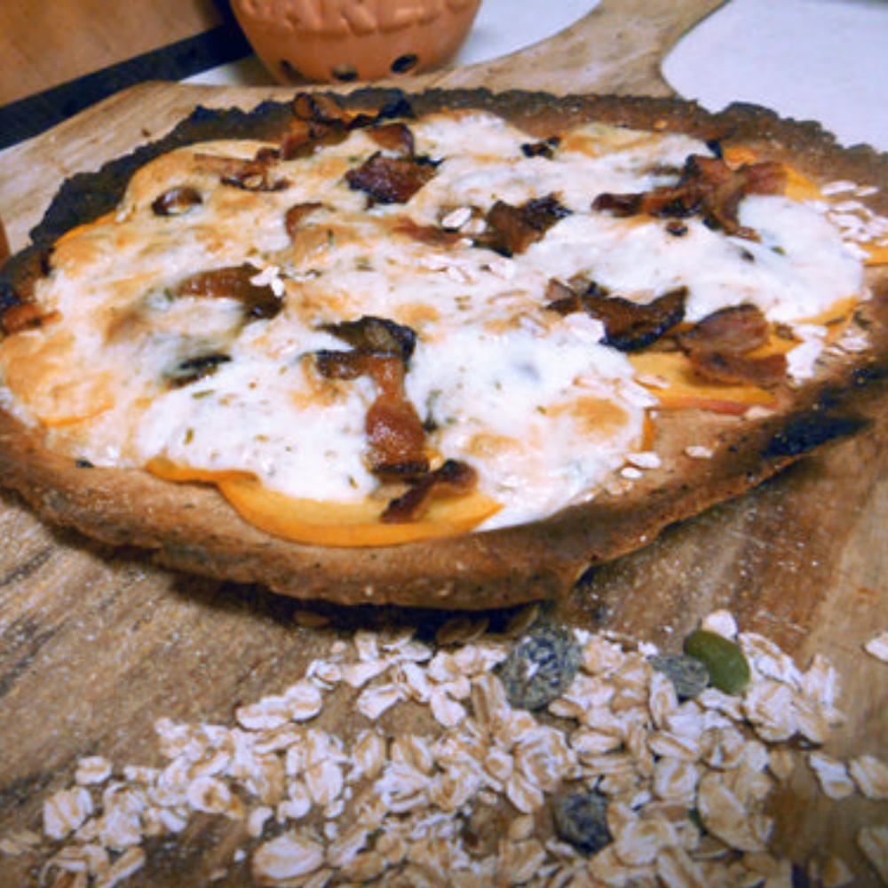 Muesli Pizza with Onion, Peach, Brie, and Bacon
