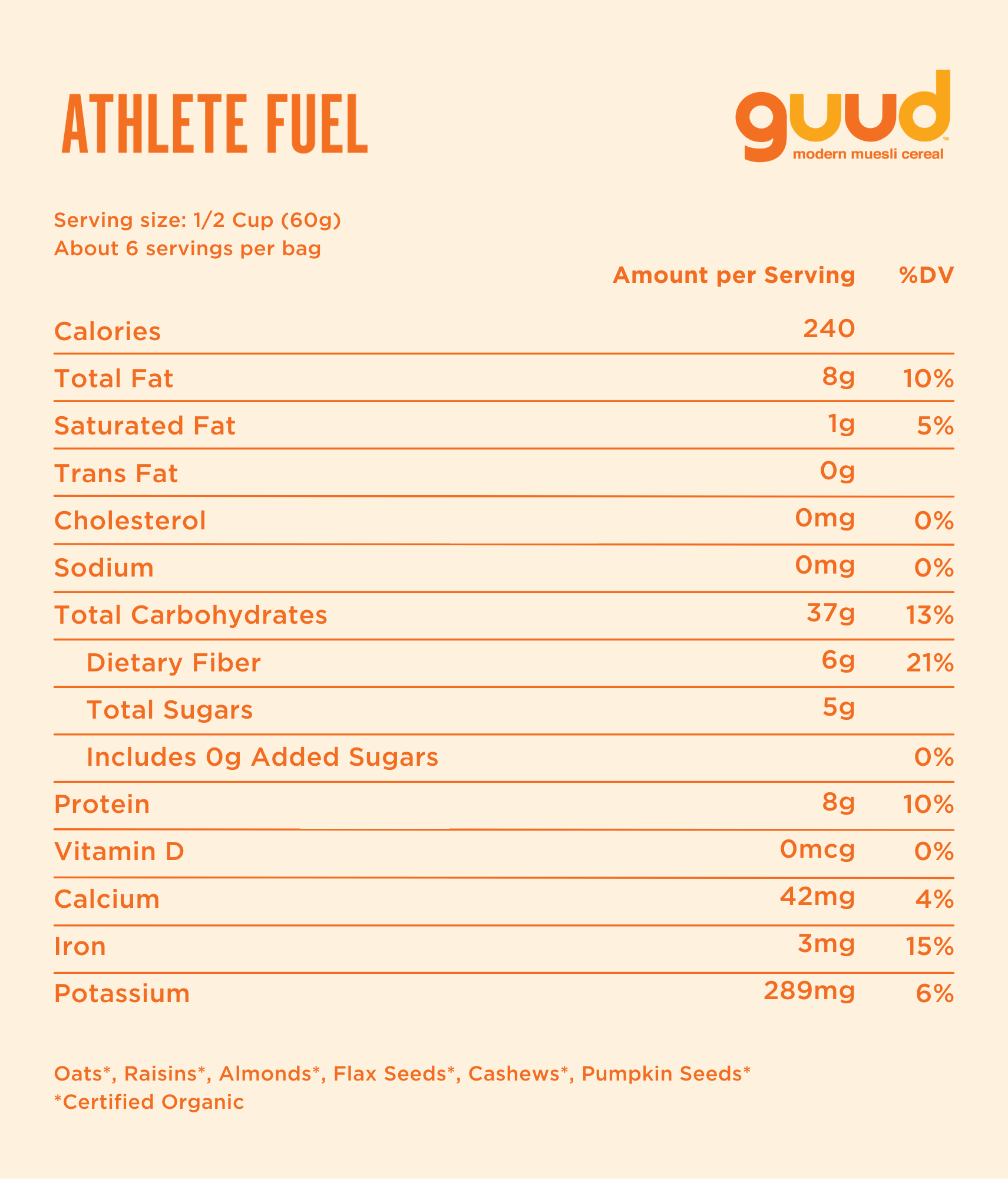 Athlete Fuel Organic Muesli Nutritional Panel